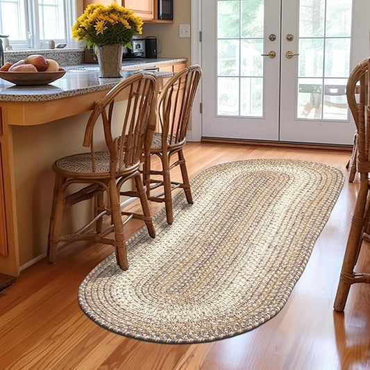 Super Area Rugs Braided Rugs Farmhouse Kitchen Rug - Ridgewood Braided Rug for Living Room - Reversible - Indoor/Outdoor - Made in USA - Taupetone/Beige, 2' X 8' Oval Runner