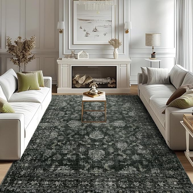 FROZZUR Boho Green Area Rug 6x9 Large Vintage Rug for Living Room Bedroom Dining Table, Non Slip Distressed Washable Rugs for Home Office Christmas Decor Green