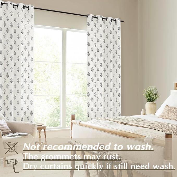 Grey Black Gothic Floral Curtains, Dark Academia Vintage Botanical Plaid Floral Modern Farmhouse Curtains for Office Living Room Bedroom