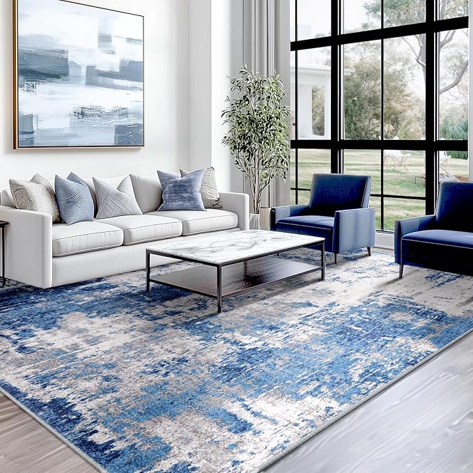 RELEANY Washable Area Rugs Square 8ft Non-Slip Modern Abstract Soft for Living Room Entryway Bedroom Kitchen, Print Pattern, Blue Grey Navy Gray