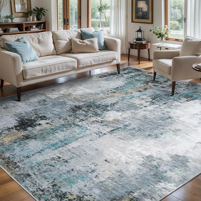 Ciicool Modern Abstract Teal Gold Rug for Living Room, 6'x9' Machine Washable Soft Area Rug Non-Slip Rug, Low-Pile Contemporary Indoor Dining Floor Carpet for Bedroom Office Under Table Home Decor