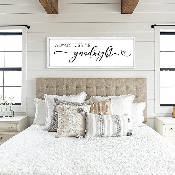 Always Kiss Me Goodnight Wall Sign 42''×15'' Large Above Bed Wall Decor Bedroom Sign Bedroom Decor with Solid Wood Framed, Couples Love Theme Wall Decor (White)
