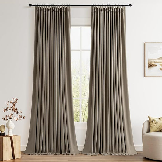 Joywell Light Camel Pinch Pleated 100% Blackout Linen Curtains 2 Panels Linen Blend Room Darkening Curtains 108 Inch for Living Room Bedroom Thermal Insulated Pinch Pleat Drapes Ceiling to Floor 9ft