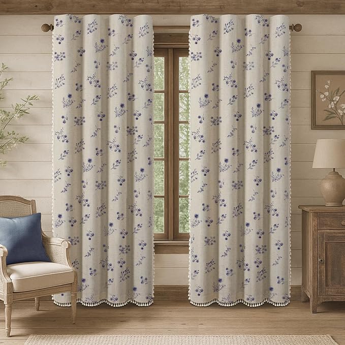 Boho Floral Spring 100% Blackout Curtains 84 Inch Length 2 Panels Set, Linen Texture Farmhouse Curtains with Beige Tassel for Living Room Bedroom, Vintage Rustic Rod Pocket, Dark Blue
