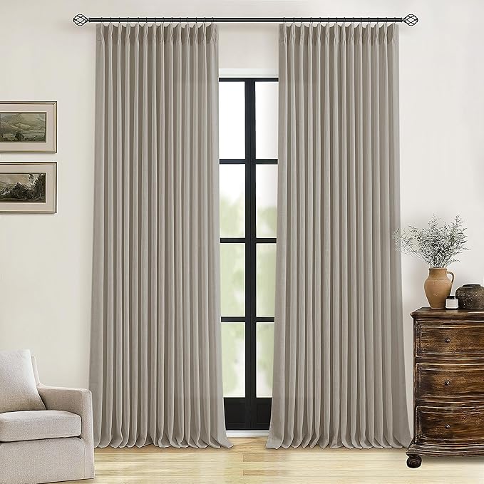 Pinch Pleated Linen Curtains 86 Inches Long for Living Room 2 Panels Set Greyish Beige Flax Double Pleated Drapes Back Tab Farmhouse Ceiling Floor 86 Inch Window Curtains Bedroom Burlywood Birch