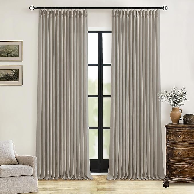 Burlywood Birch Pinch Pleated Linen Curtains 94 Inches Long for Living Room Bedroom 2 Panels Set Greyish Beige Flax Double Pleated Drapes Back Tab Farmhouse Ceiling Floor 94 Inch Window Curtains