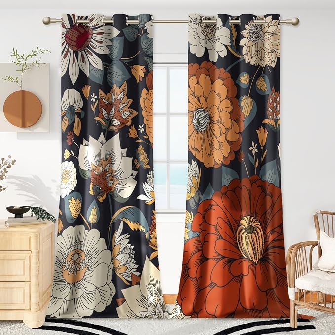 Tyrot 100% Blackout Black Boho Floral Curtains 108 Inches Extra Long for Bedroom Mid Century Botanical Black Out Curtains Room Darkening Grommet Top Thermal Insulated Window Drapes 2 Panels,52Wx108L