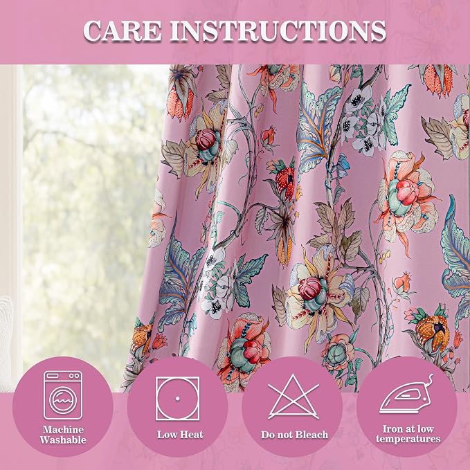 MYSKY HOME Floral Pink Blackout Curtains 90 Inch Long Girls Bedroom Black Out Thermal Insulated Privacy Protect Curtain Flower Patterned Fancy Cottage Core Grommet Drapes, Pack-2