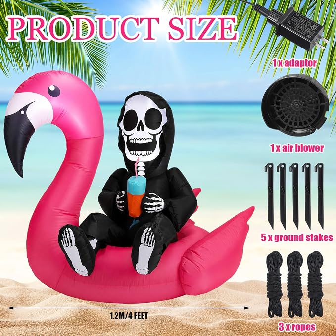 Jenaai 4 ft Summer Halloween Inflatable Decorations Blow up Yard Death Decors with LED Lights Death Figure Flamingo for Holiday Summer Halloween Party