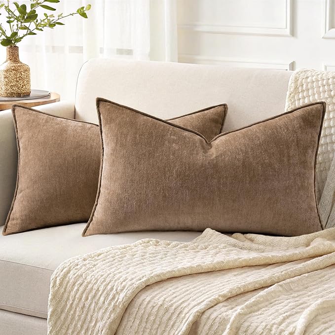 decorUhome Fall Couch Throw Pillow Covers 12x20 Set of 2, Decorative Soft Velvet Modern Cozy Chenille Lumbar Pillow Cases with Elegant Design for Sofa Bed Living Room Home Decor, Brown
