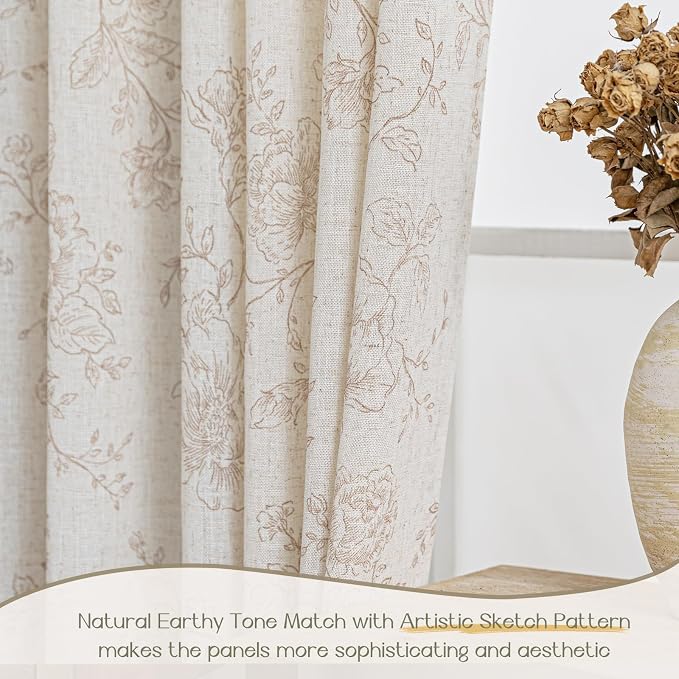 Brown Floral Curtains 108 inch Length Back Tab Farmhouser Living Room Light Filtering Curtains Brown Pattern Print on Cream White Linen Curtain Minimalist Aesthetic Sketch Style Vintage Room Decor