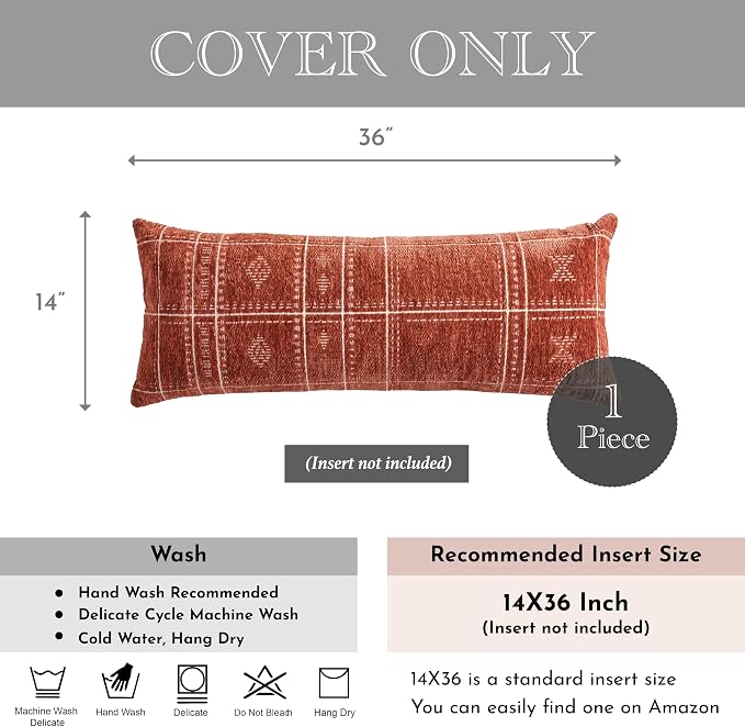 BlissBlush Decorative Lumbar Pillow Cover 14x36, Long Decorative Throw Pillow for Bed, Terracotta Rust Red Boho Textured Chenille Accent Pillowcase for Bedroom Home Décor (Cover Only)