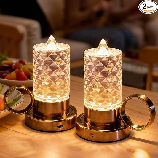 JandCase Flameless Candles, Rechargeable Battery Operated Candles 2 Pack, LED Acrylic Crystal Short Pillar Candles, Dimmable Small Cordless Table Lamp for Valentines Anniversary Wedding Decorations