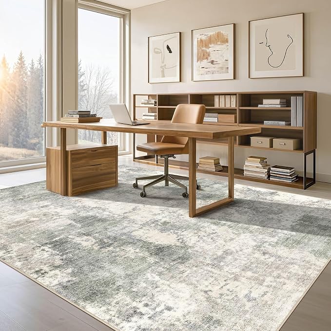 Tortania Washable 6x9 Area Rug for Living Room: Modern Abstract Neutral Large Soft Thin Rugs - Non Slip Indoor Carpet for Bedroom Dining Room Office Nursery Home Floor Decoration - Gray Green