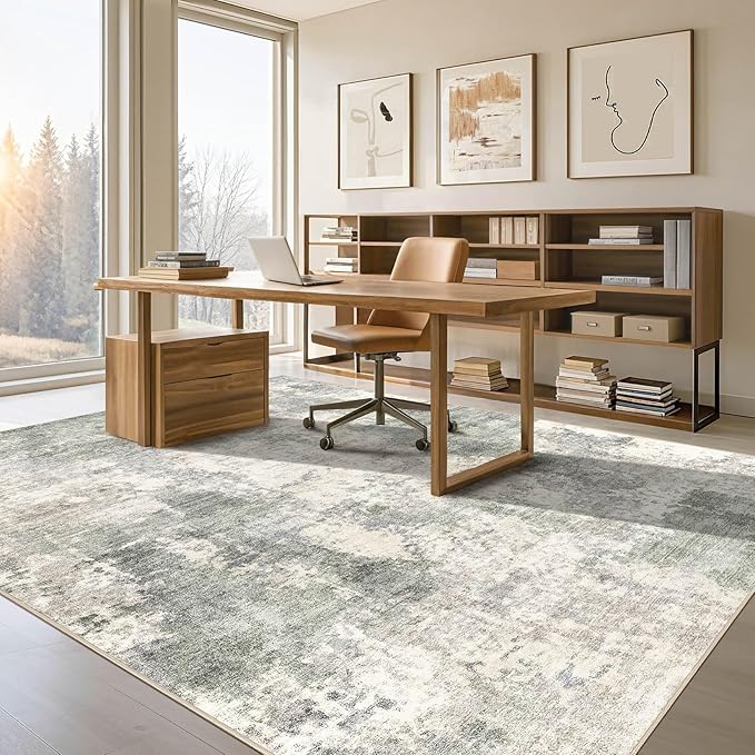 Tortania Washable 8x10 Area Rug for Living Room: Modern Abstract Neutral Large Soft Thin Rugs - Non Slip Indoor Carpet for Bedroom Dining Room Office Nursery Home Floor Decoration - Gray Green