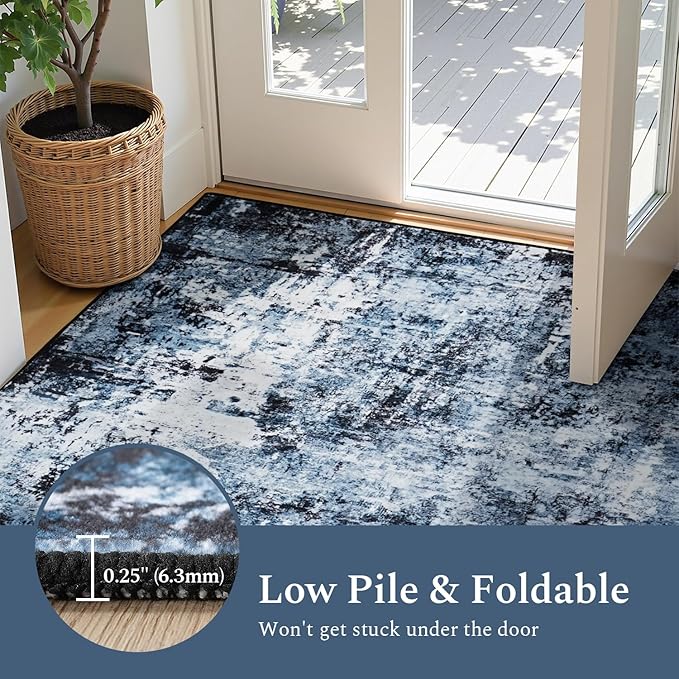 Rugflix Round Area Rugs 4Ft for Living Room, Washable Circle Rug Stain-Resistant Low Pile, Modern Dark Carpet for Bedroom Dining Room Home Office Kid Nursery Room, Navy Blue/Black