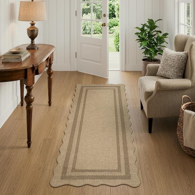 LIVEBOX Scalloped Easy Jute 2x5 Runner Kitchen Rug, Washable Non Slip Tan Rugs for Entryway Hallway, Indoor Outdoor Rug Geometric Farmhouse Carpet Door Mat Runners for Porch Bedroom Laundry Room