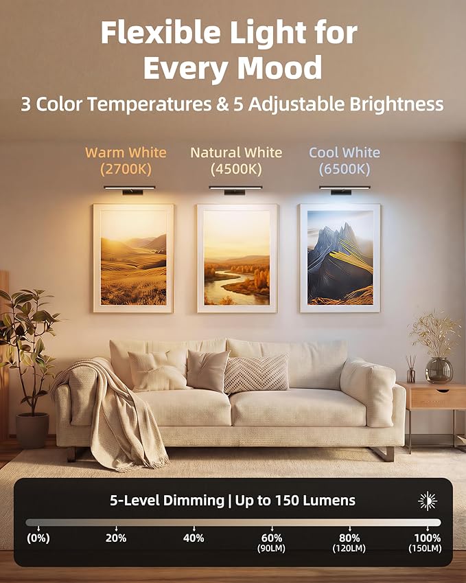 EZVALO Picture Light for Wall, 13'' Black Rechargeable 4800mAh Battery Lights Wireless Remote, Dimmable Magnetic LED Art Painting Light with 3 Color Temperatures, Display for Gallery, Living Room(2P)