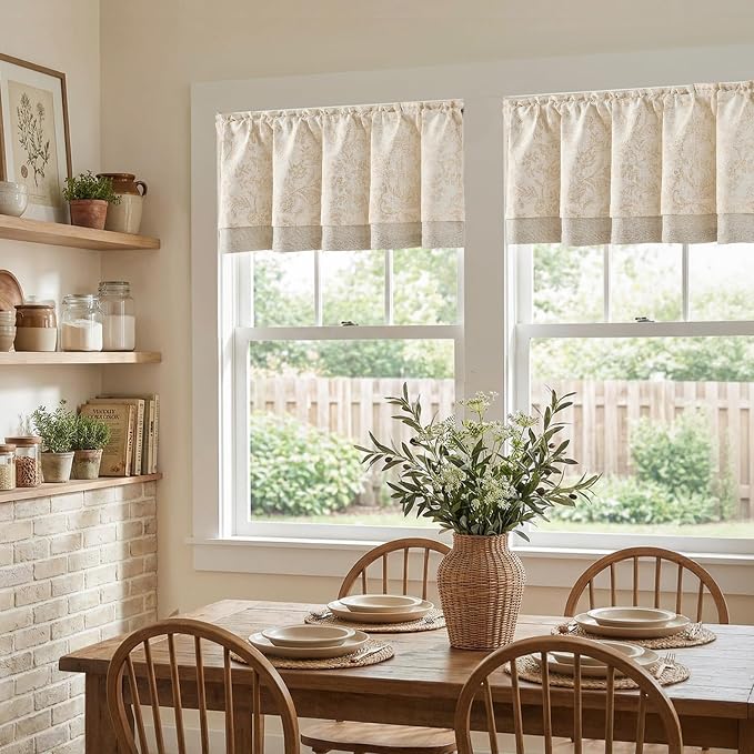 jinchan Linen Valance Curtain Farmhouse Floral Printed Small Window Curtain for Kitchen Rustic Light Filtering Valance for Living Room Bedroom Bathroom 18 Inch Rod Pocket 1 Panel Taupe on Beige