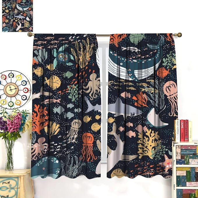 YCness Kids Sea Animal Curtains for Boys Girls Bedroom Nursery Decor Funny Turtle Whale Ocean Colorful Art Printed Blackout Window Drapes Fabric Set 2 Panel 42x45 Inch 80% Shading Rate