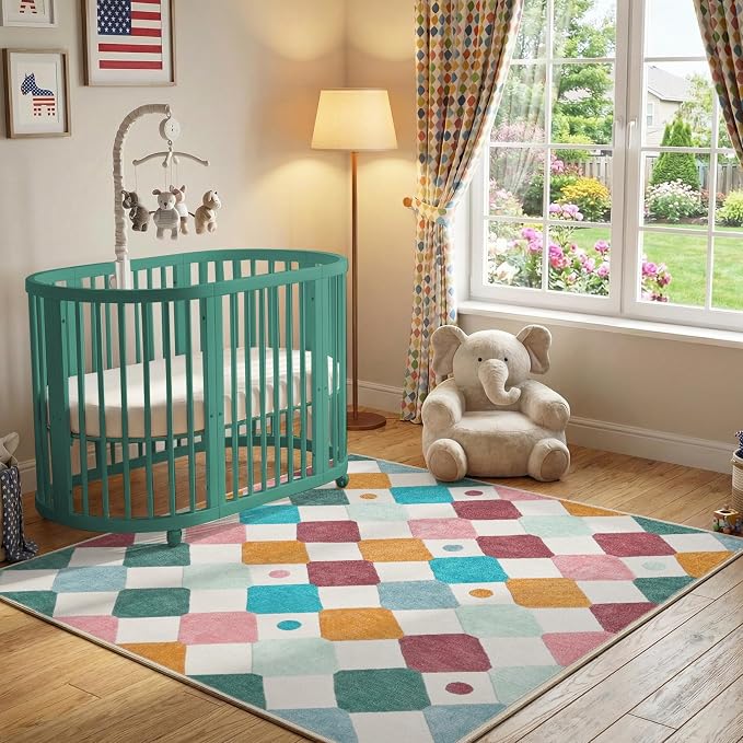 jinchan Macy Area Rug for Kids Room 5'x5' Square Rug Modern Colorful Nursery Rug Checkered Diamond Play Mat Washable Soft Non Slip Carpet for Playroom Bedroom Dorm Daycare Confetti on Cream