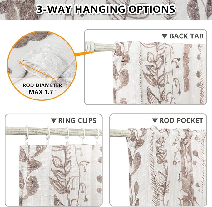 MEETSKY Boho Curtains 2 Panels Curtains 63 Inches Long Boho Linen Style Curtains for Living Room Semi-Sheer Back Tab Drapes Light Filtering Rod Pocket Window Curtains 2 Panels, Brown