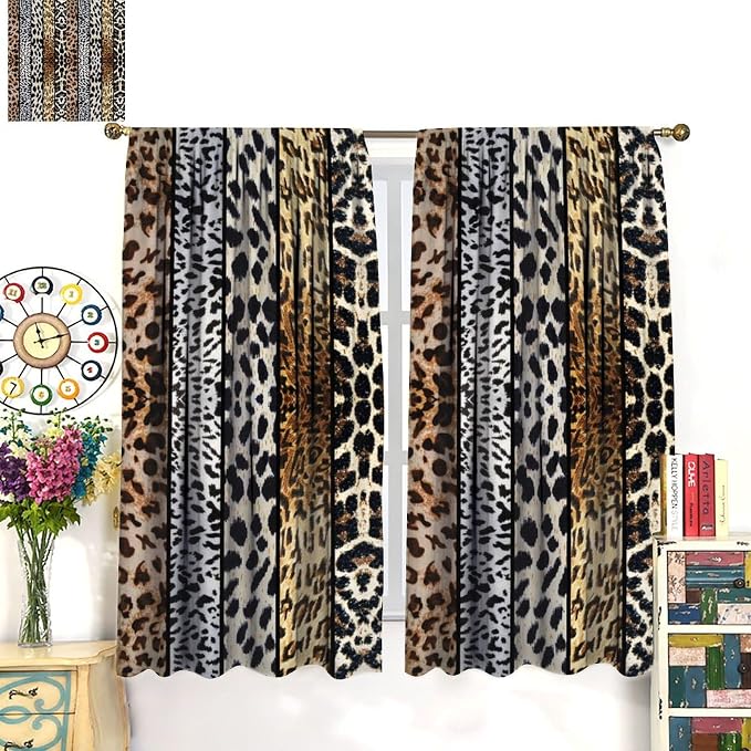 Leopard Print Blackout Curtain, Rustic Wild Animal Skin Farmhouse Fur Leopard Print Drapes, Window Treatments Rod Pocket 2 Panels Curtains for Dining Room Bedroom Office Cafe Decor 63"W X 72"L