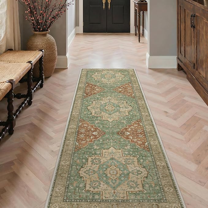 GENIMO Runner Rug 2'6"x8 Machine Washable Non Slip Vintage Hallway Runner Rug, Low Pile Lightweight Rugs for Indoor Entryway, Hallway, Kitchen and Corridor, Reddish Brick & Light Green