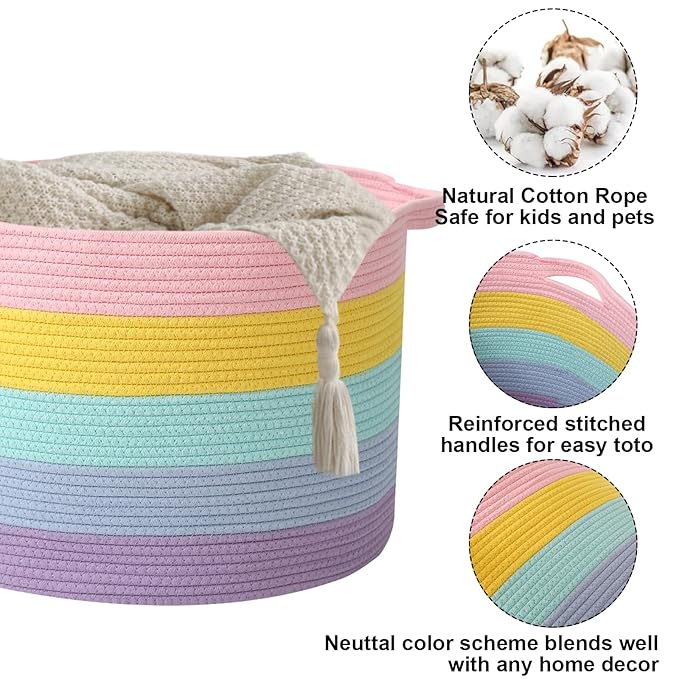 65L Large Blanket Basket,Woven Rope Laundry Basket Hamper with Handles,Decorative Nursery Basket Storage Bin for Toys, Pillows , Clothes Organizer, Living Room, Bedroom, Bathroom, Colorful