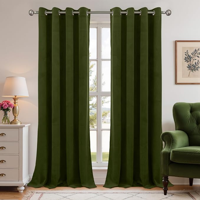 YoungsTex Curtains 90 Inch Length 2 Panels Set for Living Room, Olive Green Velvet Drapes with Grommet Privacy for Dining Bedroom, 52 X 90 Inch