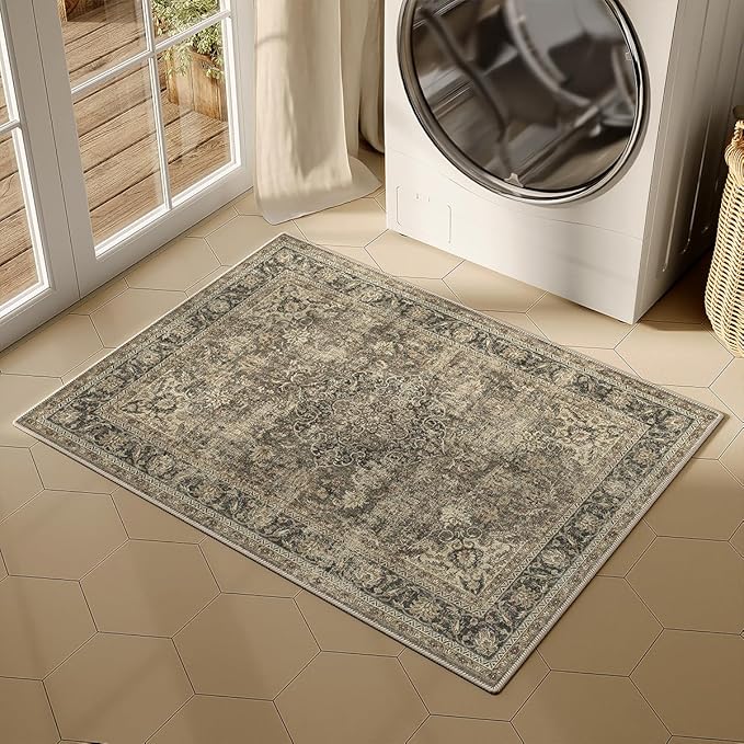 2x3 Washable Area Rug Brown Vintage Non Slip Soft Low Pile Small Rug for Entryway Kitchen Bathroom Distressed Oriental Throw Carpet for Living Room Bedroom Home Decor