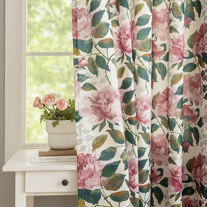 ALIGOGO Floral Linen Patio Curtain for Sliding Door, Extra Wide Curtain 100 Inch for Glass Doors, Elegant Semi-Sheer Light Filtering Farmhouse Grommet Room Divider Drape 1 Panel, W100 x L90 Inch, Pink