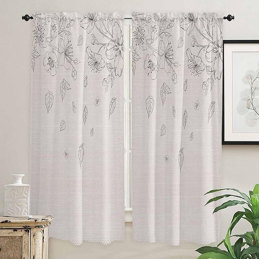 Kitchen Tier Curtains 72 inches Long, Flowers Leaves and Polka Dot Texture on Cotton Linen Window Curtains for Living Room Bath,Rod Pocket Light Filter Drapes Half Window Treatment Tiers 2 Panels