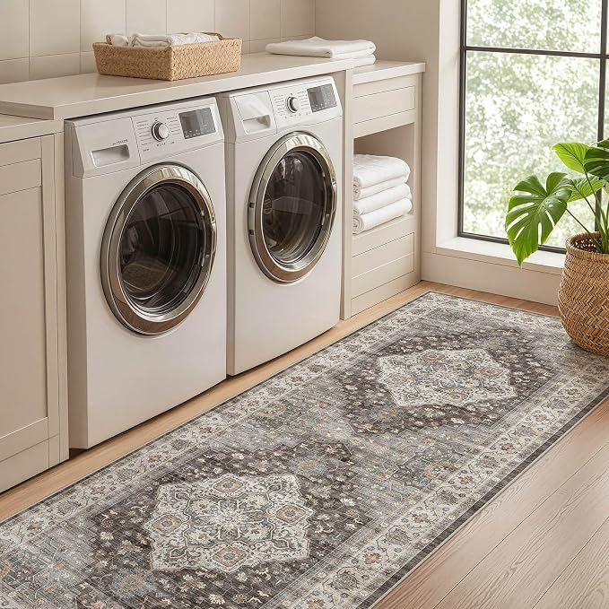 Runner Rug Kitchen Washable Rugs: 3x10 Non-Slip Boho Vintage Stain Resistant Indoor Neutral Farmhouse Throw Carpet for Hallway Bathroom Laundry Room Entryway Bedroom- Grey Brown