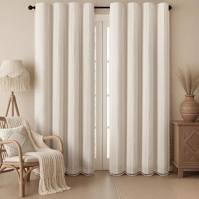 Cream Boho Blackout Curtains 2 Panels 84 Inch for Living Room Bedroom, Beige Linen Texture Farmhouse Curtains with Tassels and Cotton Embroidery Vintage Rustic Western Rod Pocket