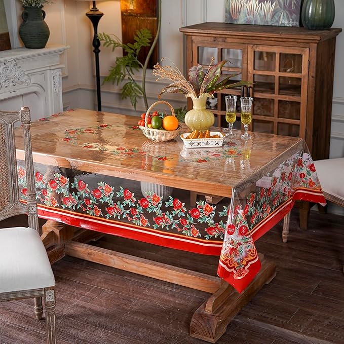 ARTABLE Clear Table Cloth Protector Vinyl PVC Rectangle with Floral Print Pattern Oil Proof Wipe-able Plastic Tablecloths for Dining Tables Parties Holidays (Pomegranate, 84" x 60" (Rectangular))