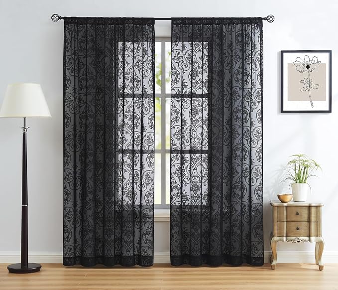 Black Lace Curtains 84 inch Damask Sheer Curtain Panels for Living Room Bedroom Luxury Vintage Light Filtering Victorian Drapes Black Window Treatment Sets Rod Pocket 2 Panels 54" W