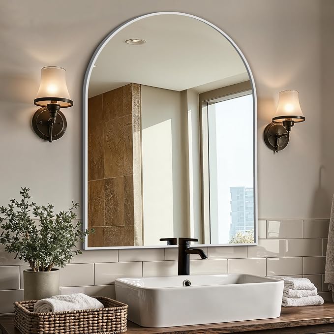Bathroom Vanity Mirror for Wall, 40”x30” Arched Bathroom Mirror for Over Sink, Arched Metal Frame for Bedroom, Living Room, Entryway, Hanging or Leaning, Silver