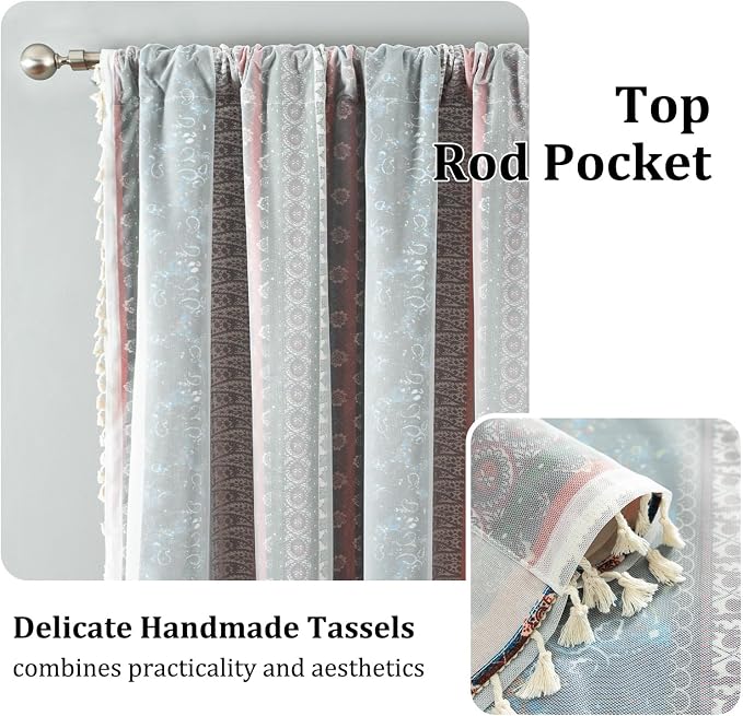 VOGOL Boho Semi Blackout Curtains, Colorful Striped with Sheer Overlay Decorative Window Treatments, 1 Panel Rod Pocket Drapes for Living Rest Room, 52 x 63 Inches