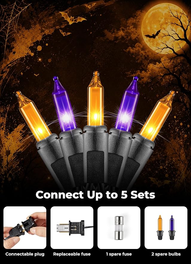 Minetom Halloween String Lights Orange & Purple 100 Count 20 Feet Incandescent Bulb Mini Lights for Indoor Outdoor Garland Party Festival Haunted House Decoration