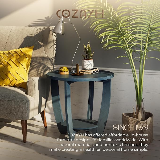 COZAYH Rustic Farmhouse End Table with Storage Shelf, French Country Modern Round Accent Side Table for Small Spaces, Vintage Blue Finish