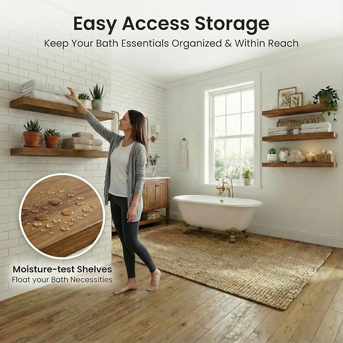 ROGMARS 36 Inches Long Walnut Floating Shelves | Rustic Solid Wood Farmhouse Wall Shelves with Invisible Brackets for Bathroom, Living Room, Bedroom, Kitchen Set of 6