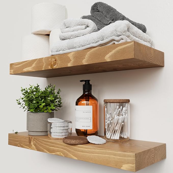 Natural Wood Floating Shelves for Wall 20 Inch Oak, Wooden Bathroom Shelf | Solid Wood, 20 Inches Wide, Wall Mounted, Bedroom Kitchen Living Room, Rustic Farmhouse, Oak Finish, 20W × 6.7D, Set of 2