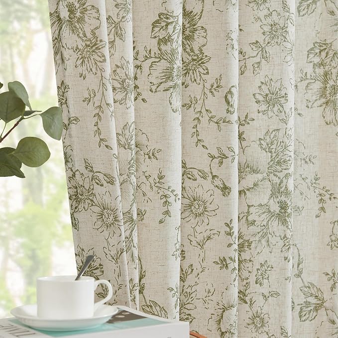 jinchan Linen Blend Floral Curtains for Living Room 63 Inch Length Farmhouse Printed Curtain Rod Pocket Back Tab Sage Green Peony Flower Patterned Drapes Bedroom Curtains Set 2 Panels