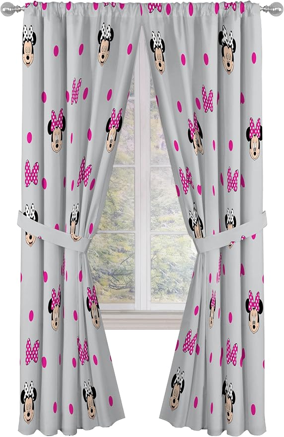 Jay Franco Window Curtains for Kids Bedroom 4-Piece Drape Set with 2 Tiebacks, Grey - Minnie Mouse, 42" W x 84" L (Pack of 2)