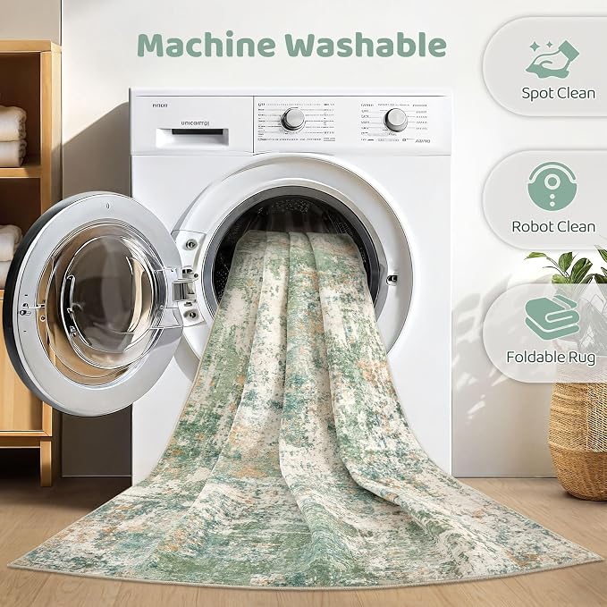 12x18 Area Rug Living Room: Washable Large Abstract Soft Green Rug Stain Resistant Indoor Floor Non-Slip Accent Carpet for Men Modern Home Enthusiasts Aged 25-45 - Bedroom Office Playroom