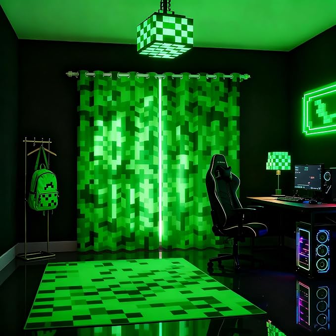 Green Pixelated Miner Curtains,Video Games Kids Window Curtain,Curtains for Boys Bedroom Decor,Cartoon Gamepad Blackout Window Treatment Curtain Modern Geometric Check Drapes, 2 Panels Set ,38Wx54L