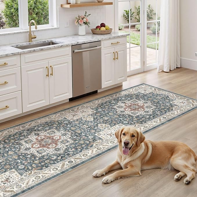 Vintage Hallway Runner Rug 3x8: Large Soft Washable Entryway for Kitchen Laundry Room Non-Slip Backing Runner for Entrance Living Room Bedroom Bathroom - Vintage Blue