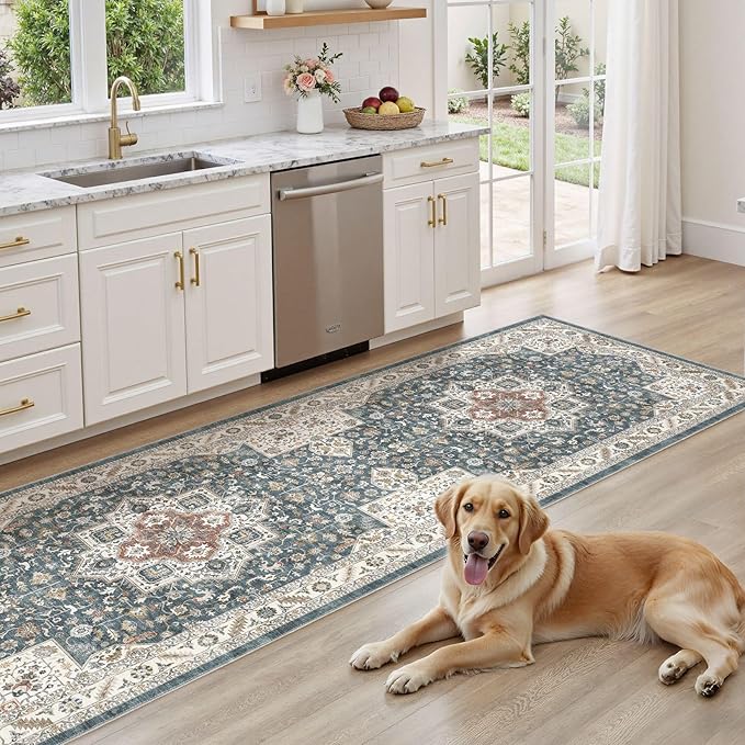 Vintage Hallway Runner Rug 3x12: Large Soft Washable Entryway for Kitchen Laundry Room Non-Slip Backing Runner for Entrance Living Room Bedroom Bathroom - Vintage Blue