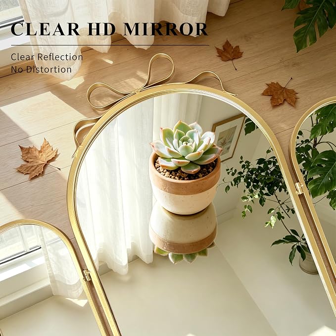 BAODANFU Trifold Vanity Mirrors Bow Top, Gold 3-Way Makeup Mirrors Over Bathroom Sink, Adjustable Arched Decorative Mirror for Entryway, Bedroom, Dressing Room, Tabletop & Wall Mounted, Braiding Hair
